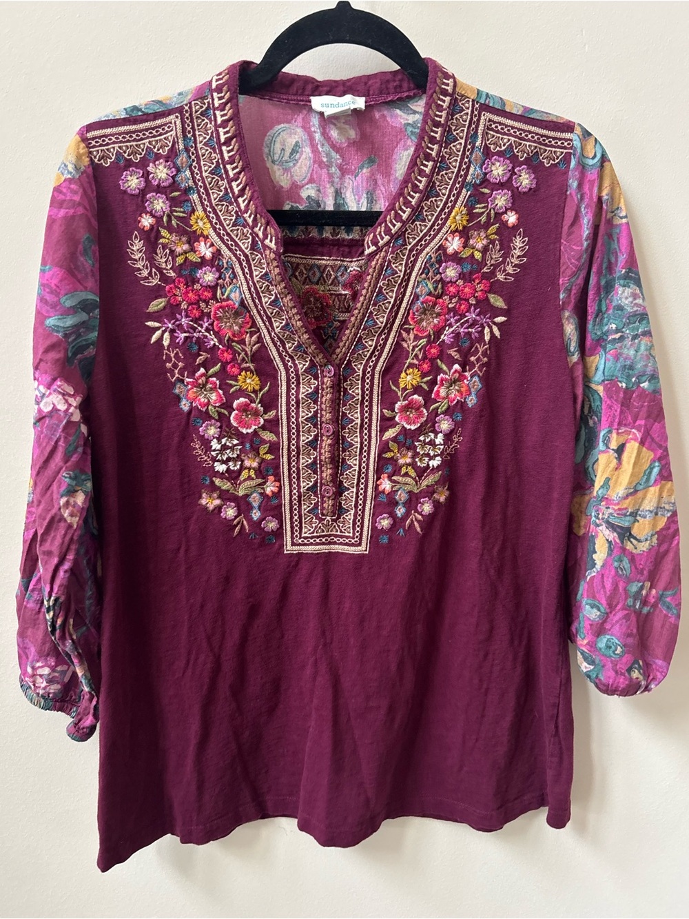 Sundance Burgundy Floral Embroidered Cotton Silk Boho Tunic Medium